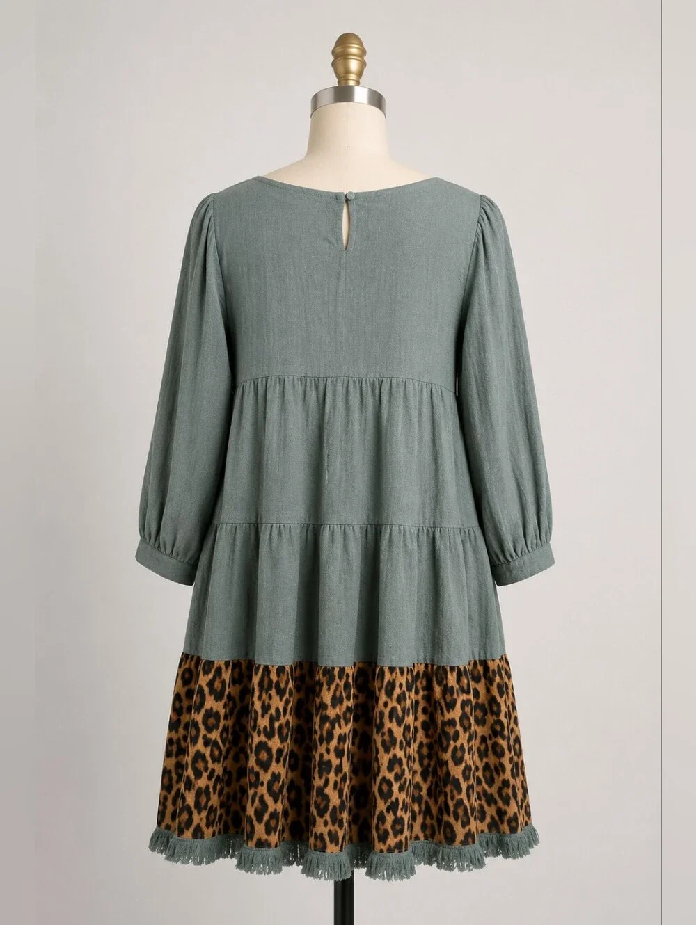 Umgee Sage Green Leopard Print Tiered Babydoll Dress | Boho Tunic Dress - Picture 3 of 5